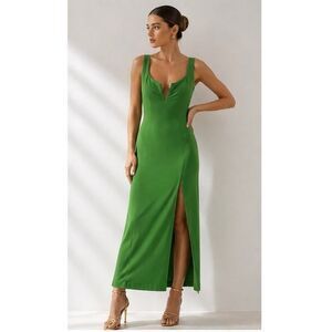 Galvan London Green Draped Cowl Neck Midi Dress Slit Minimal Evening UK12/US8